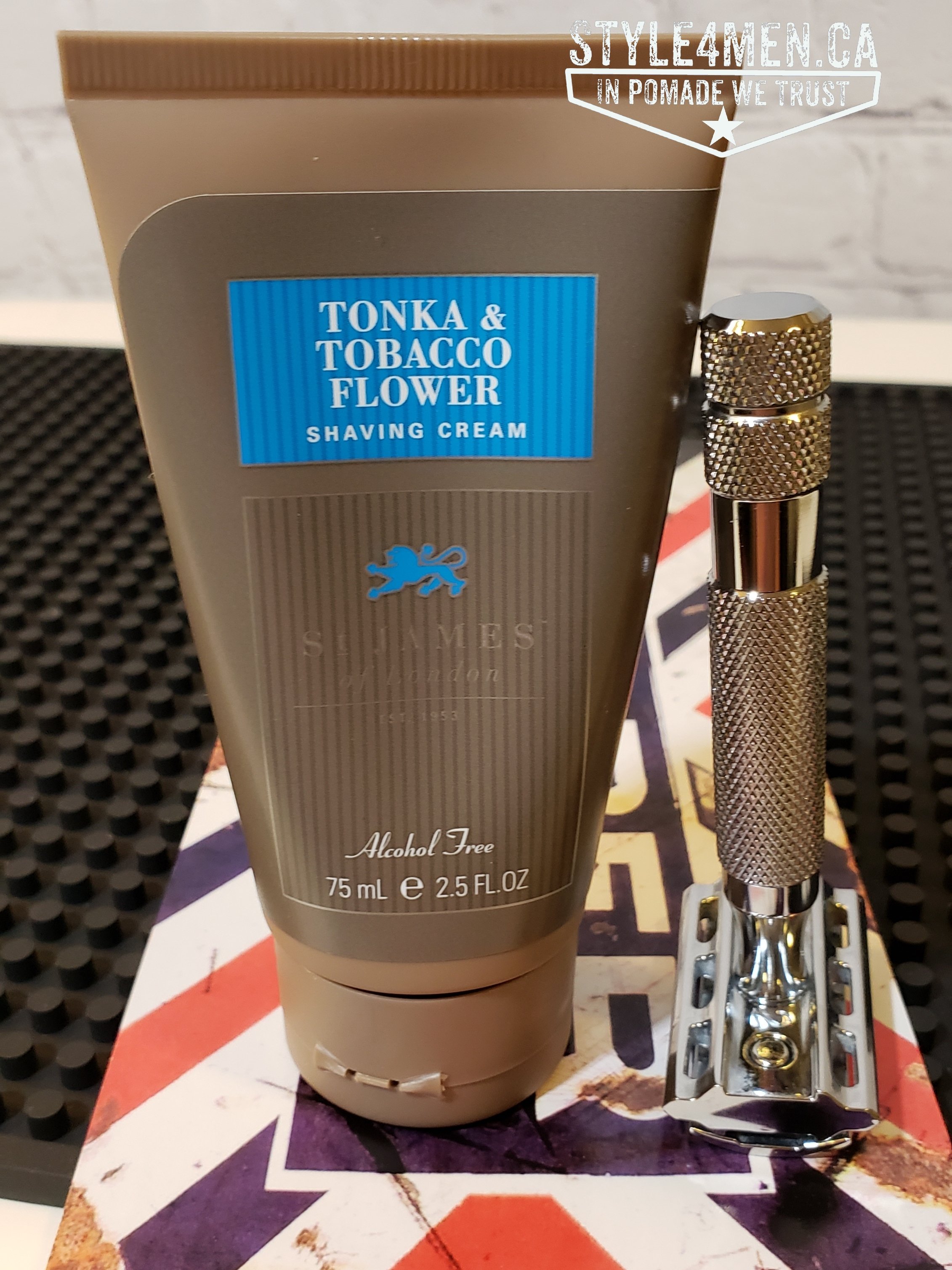 The luxurious Tonka & Tobacco Flower shaving cream by St. James